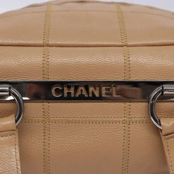 CHANEL Choco Bar Hand Bag Grained Calf Skin Beige Silver CC Auth 133063 - Picture 12 of 16